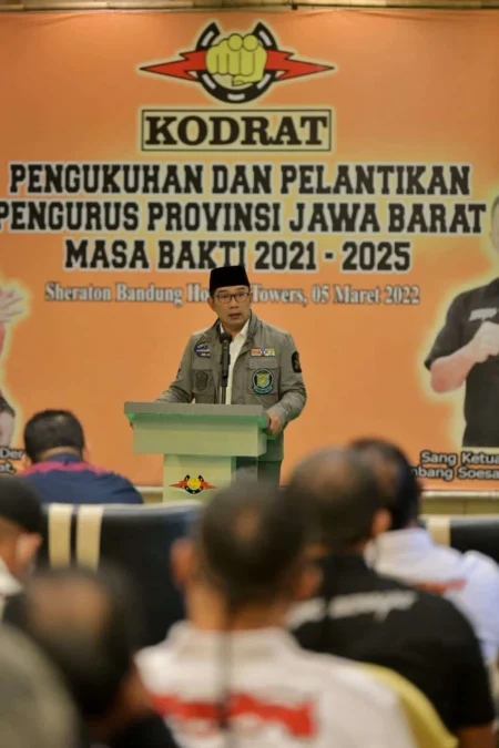 Gubernur Jawa Barat Ridwan Kamil saat menghadiri pelantikan kepengurusan Keluarga Olahraga Tarung Derajat Provinsi Jabar di Kota Bandung, Sabtu (5/3/2022). (Foto: Pipin Sauri/Biro Adpim Jabar)