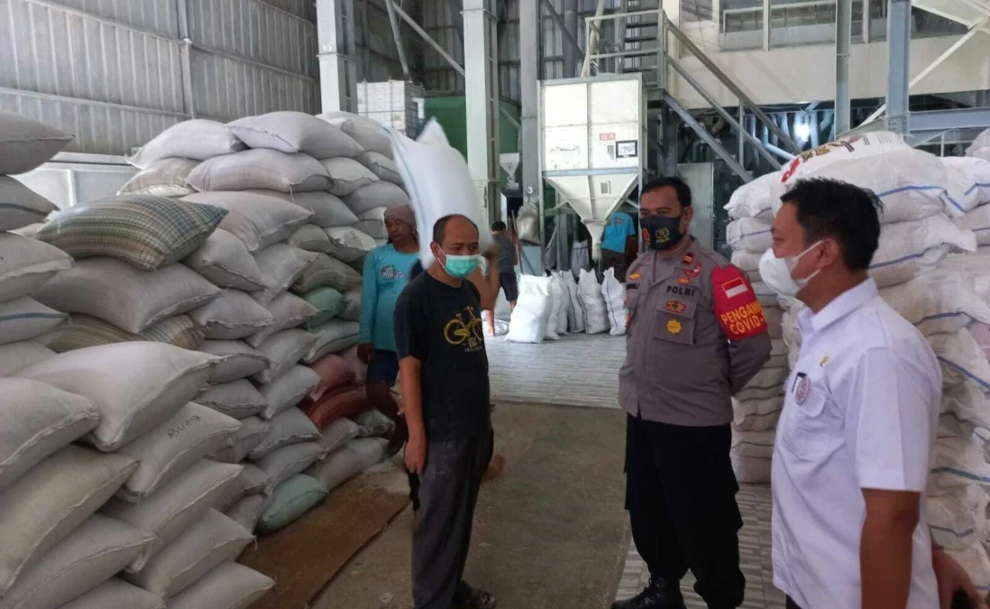 KUNKER. Camat Kedokanbunder, Atang Suwandi (kanan) melihat langsung proses produksi beras yang diminati Brunei Darussalam dan Timor Leste. Penggilingan tersebut mampu memproduksi beras premium sebanyak 100 ton per hari.