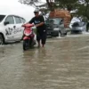 MOGOK. Pengguna jalan sedang mendorong motornya, karena memaksa melewati jalan yang masih terendam banjir.