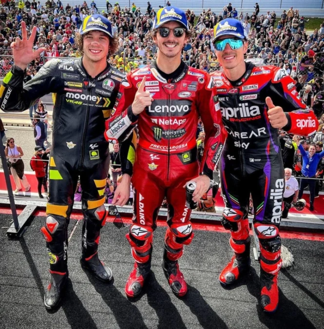 Marco Bezzecchi, Bagnaia, Maverick Vinales. Juara MotoGP Portugal 2023. Foto: instagram.com/motogp