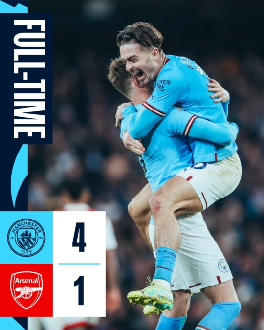 Hasil Pertandingan Manchester City vs Arsenal, Manchester City Menang 4-1 dan Punya Potensi Juara Liga Inggris. Foto: twitter.com/ManCity