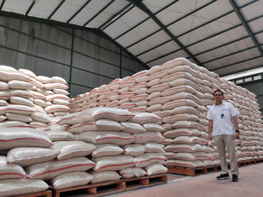 STOK AMAN. Wakil Pimpinan Bulog Cirebon, Rizki Abdullah menunjukkan stok beras yang ada di gudang bulog di Kelurahan Pegambiran, salah satu dari 10 gudang yang dimiliki Bulog Cirebon. FOTO: ASEP SAEPUL MIELAH/RAKCER.ID
